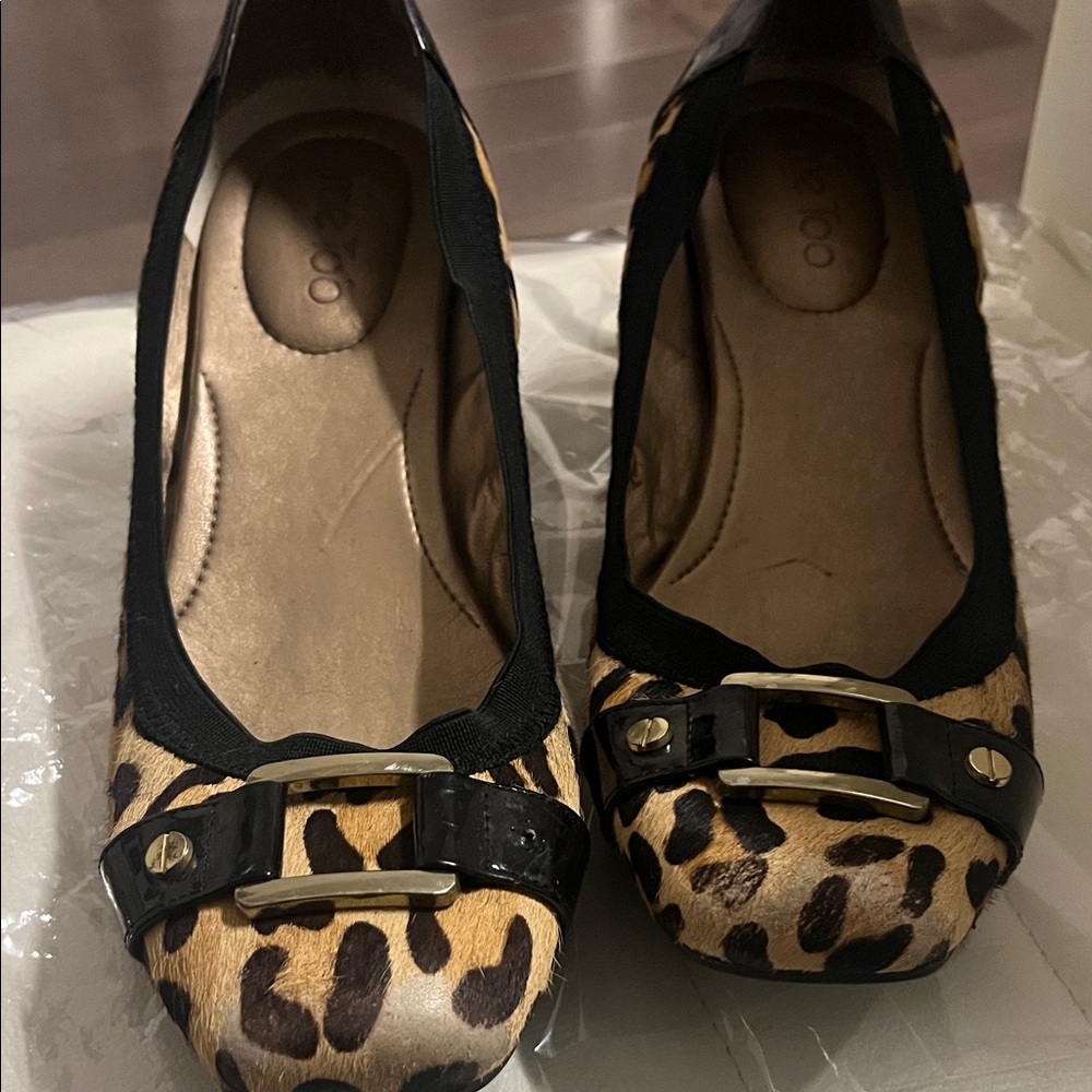 Me Too Leopard Print Flats with Black and Gold Accents